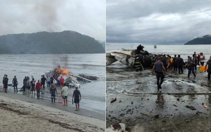 Veja momento em que avião ultrapassa pista e termina no mar de Ubatuba